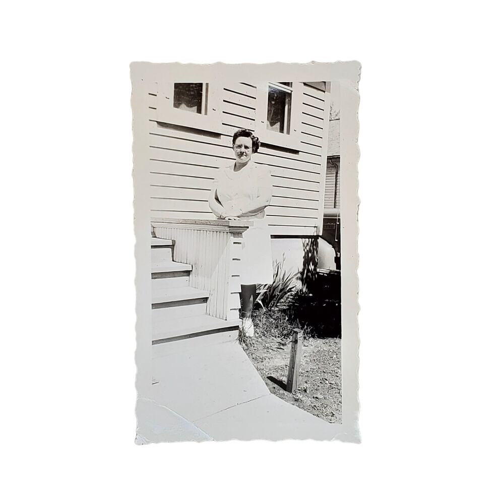 Vtg Plus Size Lady Posing in Front of Home Original Monochrome Photography Found